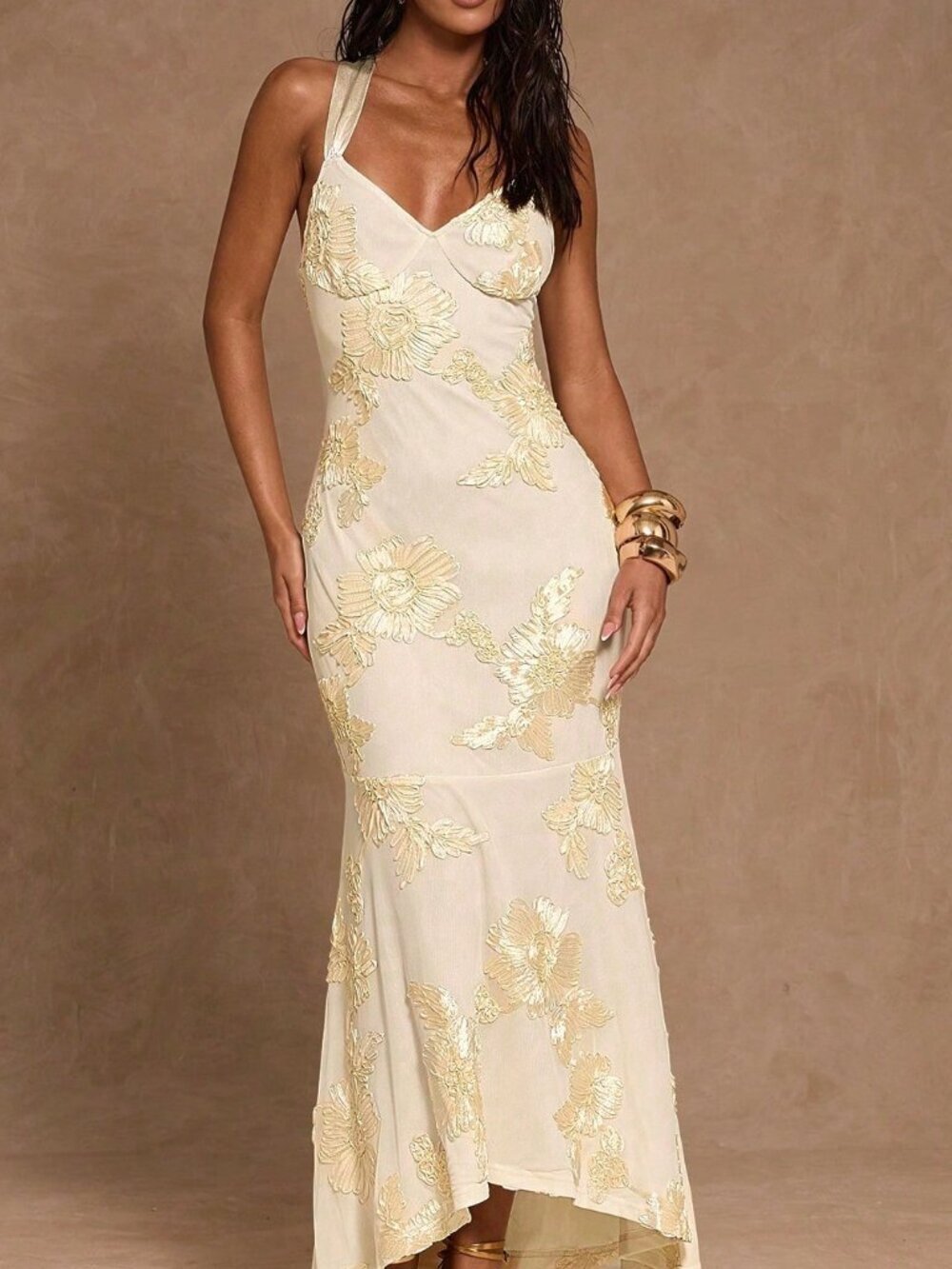 Light Yellow Elegant Women's Backless Floral Dress